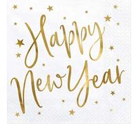 PartyDeco Servilletas blancas con estampado dorado Happy New Year- Nochevieja Servilletas impresas Toallas de papel Decoración de Año Nuevo Vajilla desechable Mantel de papel