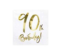 PartyDeco - Servilletas de papel blancas con inscripción 90th Birthday- 90 Cumpleaños Decoraciones para Cumpleaños Redondos Servilletas Decorativas Pañuelos de Papel Tabla Impreso