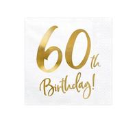 PartyDeco Servilletas de papel 60th Birthday 60º Cumpleaños blancas impresas