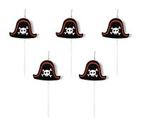 PartyDeco Velas de cumpleaños con sombrero pirata, 2 cm, juego de 5 unidades, decoración para tartas, diseño de piratas, color negro