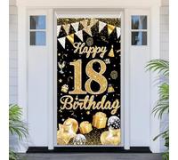 PartyYaa 18. pancarta de cumpleaños, decoración para puerta de 18 cumpleaños, decoración de pancarta de feliz cumpleaños negro y dorado, cubierta de puerta, fotomatón cartel cartel póster decoración