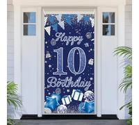 PartyYaa Bandera de decoración de 10 cumpleaños, cubierta de puerta de feliz 10 cumpleaños, cartel de letrero de fondo de foto de gran tamaño azul y plateado para decoración de fiesta de interior y