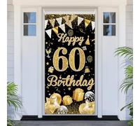 PartyYaa Pancarta de 60 cumpleaños, decoración para puerta de 60 cumpleaños, decoración de pancarta de feliz cumpleaños negro y dorado, cubierta de puerta, fotomatón cartel cartel póster decoración de