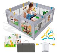 PARVULI Parque Infantil Bebe 120x120cm con Alfombra Acolchada + 6 Agarraderas + Canasta + Bolsa - Corralito Bebe para Casa, Malla Transpirable, Vallas con Protecciones - Baby Playpen