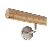 Pasamanos de madera de roble, redondo, 45 mm, incluye soportes de acero inoxidable (190 cm + 2 soportes)