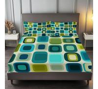 Patrón Cuadrado Retro Sábana Bajeras Ajustables, Microfibra Sábana Bajera 180 x 200 cm, Azul Verdoso Juego de Ropa de Cama Adecuada para Un Colchón con Una Altura de 30cm con Funda de Almohada