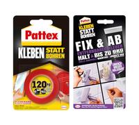 Pattex set cinta adhesiva Adhesivo en lugar de taladrar 1,5 m, máx. 120 kg/m², cinta adhesiva extrafuerte de doble cara y adhesivo Fix & Ab 44 g, adhesivo potente aguanta hasta 6 kg