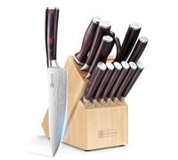 PAUDIN Juego de cuchillos en bloque, juego de cuchillos de cocina de 14 piezas de acero inoxidable alemán con bloque de madera, chaira y tijeras, afilados cuchillos de cocinero con portacuchillos