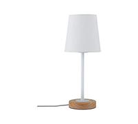 Paulmann 79636 Luminaria de sobremesa Neordic Stellan máx. 1x20 W, luminaria de sobremesa para lámparas E27, lámpara para mesita de noche, blanco/madera 230 V tela/metal/madera, sin fuente de luz