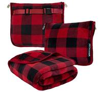 PAVILIA Manta/cojín de Viaje, Set 2 en 1 Suave, compacta y Plegable, Esencial para avión y Coche, Accesorios y Regalos para viajeros con Correa para Equipaje o Mochila, 60 x 43 cm, Rojo a Cuadros