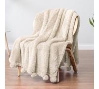 PAVILIA Manta de Felpa Sherpa con Flecos de Pompones, Color Crema Marfil Beige, Manta de Forro Polar Esponjoso con borlas para sofá, Cama, sofá, Manta Decorativa Suave, mullida, Ligera, 50 x 60