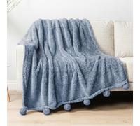 PAVILIA Manta de sherpa azul polvoriento con flecos suaves con pompones, mantas cálidas y acogedoras de felpa para sofá, cama, manta de forro polar mullido con pompones, ligera y esponjosa, azul, 50 x