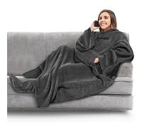 PAVILIA - Manta polar para llevar puesta con mangas y bolsillos para los pies para mujer y hombre, manta tipo bata de felpa cálida y acogedora, idea de regalo para esposa o madre, gris oscuro