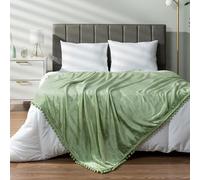 PAVILIA Manta Verde Salvia con Pompones, sofá Cama Individual, Forro Polar, Suave, mullida, acogedora, Ligera, con Flecos, Decorativa, Bohemia, decoración del hogar, Regalo de Franela de Terciopelo,