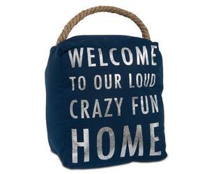 Pavilion Gift company Open Door Decor - Bienvenido a Nuestra Loud Crazy Fun House Azul Marino & Plata Tope para Puerta con Mango