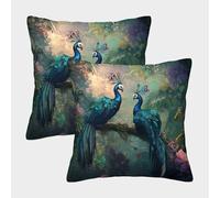Pavo Real en la Selva,Árboles y Flores Fundas De Almohada 2 Paquetes 40x40cm,Cojín Cuadrado,Adecuada para Sofá Cama,Coche Y Decoración del Hogar