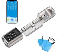 PCB01: Cilindro electrónico para cerraduras de puerta. Incluye código de acceso y conectividad Bluetooth, además de 3 tarjetas RFID. Grado de protección IP44, incluye funda de silicona impermeable