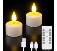 PChero Velas de té LED recargables con temporizador y mando a distancia, juego de 2 velas LED eléctricas sin llama recargables con función de temporizador parpadeante para Halloween, Nochevieja y