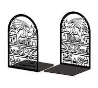 Peacoblue estantería metálica Extremos metálicos para estanterías, modernos y decorativos tapones para libros de estudio para oficina de 5.3"x4.3"x7.9", 1 par (dragón de dibujos animados y biblioteca)