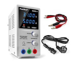 PeakTech 6225 A - Fuente de alimentación 0-30V / 0-5A, ajustable, DC con pantalla LED de 4 dígitos, conmutación estabilizada, amperímetro, sobrecarga y prueba de cortocircuito, diseño estrecho