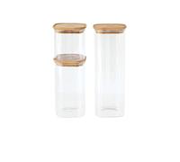 PEBBLY - Juego de 3 recipientes de vidrio cuadrados altos con tapas de bambú - Paquete de 3 - Almacenamiento optimizado para una cocina organizada, protege tus alimentos secos y reduce el desperdicio
