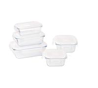 PEBBLY - Juego de 5 recipientes de vidrio para almacenar alimentos - Paquete de 5-3 recipientes rectangulares + 2 recipientes cuadrados, transporte