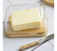 Pebbly - Set mantequillera y cuchillo de untar con base de bambú y tapa de cristal para conservación óptima de mantequilla y quesos, ideal para desayunos y regalos