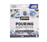 Pébéo Kit descubrimiento Pouring – 4 x 59 ml + Silicona 50 ml – Acrílica Blanco Azul Turquesa Dorado