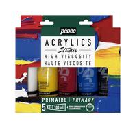 PEBEO Set de Pintura Acrílica-5 Tubos de 100 ml + Rueda Cromática, Blanco Titanio, Amarillo Primario, Magenta Primario, Cian Primario y Negro Marte, 5 x 100 ML