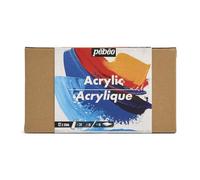 Pébéo - Studio Acrylics - Set 12 Tubos 20 Ml Colores Surtidos + Accesorios - Kit de Pintura Acrílica para Artista y Principiante - Pinceles + Espátula + Lienzo - Colores Luminosos