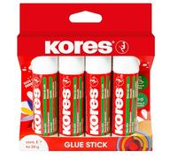 Pegamento en barra Kores, sólido, lavable, no tóxico, 20 g, paquete de 4 unidades