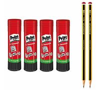Pegamento en barra Pritt, pegamento seguro y apto para niños para manualidades, pegamento fuerte para uso escolar y de oficina, set económico con 4 lápices Pritt de 22 g y 2 lápices HB