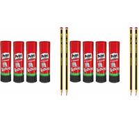Pegamento en barra Pritt, pegamento seguro y apto para niños para manualidades, pegamento fuerte para uso escolar y de oficina, set económico con 4 lápices Pritt de 22 g y 2 lápices HB (Paquete de 2)