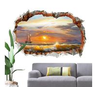 Pegatina de pared escena de playa,Pegatinas de pared de playa | soleado Fondos de pantalla - Adhesivo paisaje agujero roto playa pegatina pared ventana decoración de pared para sala de esta