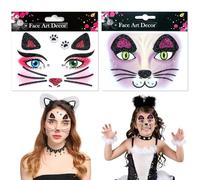 Pegatinas Cara Gato 2 Piezas Tatuajes Faciales Gato Removibles Face Art Sticker Animals con Purpurina para Niños Mujer Carnaval Halloween Cosplay