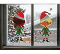 Pegatinas de gel para ventana de elfos, copos de nieve y estrellas, paquete de 2, decoración de Navidad para interiores, decoración navideña de elfos, calcomanías de ventana de copos de nieve y