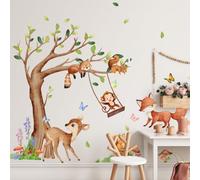 Pegatinas pared infantiles, árbol animales bosque PVC decoración mural | Diseño bosque acuarela, material PVC, composición DIY, 2 hojas 30×90 cm, instalación adhesiva sencilla