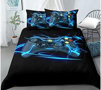 PEIHUODAN 3D Gamer Funda Nordica Cama Juveniles Chico Chica Niño Gaming Anime Modernas Microfibra Videojuegos Juego De Cama Funda De Edredón Ropa De Cama 3 Piezas Negro Azul (Cama 90 180x220 cm)