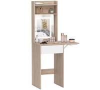 Peinador pequeño HOMCOM con espejo, luces LED ajustables, ala abatible, escritorio con estantes abiertos y cajón, mesa de maquillaje compacta para espacios reducidos, dormitorio, madera natural.