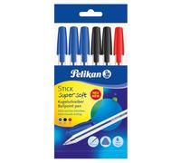 Pelikan 804561 Bolígrafo Super Soft Stick, mixto (negro, azul, rojo), tinta fluida, 6 bolígrafos