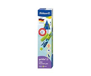 Pelikan 805667 - Griffix Pluma estilográfica con mango pedagógico ergonómico, tallo verde para zurdos, cartucho de tinta azul incluido