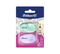 Pelikan Juego de 2 gomas de borrar ergonómicas, sin PVC y sin polvo, goma termoplástica suave, para lápices de grafito, efecto mármol en 4 colores (azul, verde, morado, naranja)