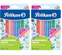 Pelikan - Rotuladores, Colorella Duo, 12 Colores, Punta Doble, Lavable, Tinta a Base Agua, Lápices De Colores, Para Niños, Tapón Anti Ahogamiento, No Tóxico (Paquete de 2)