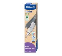 Pelikan Twist Eco Gris, Estilográfica Ergonómica para Diestros y Zurdos, Plumín M De Acero Inoxidable, Cartucho Azul Incluido, Recargable, Fabricada con Plástico Reciclado