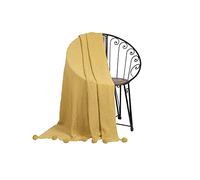 Penguin Home® Manta de Punto con Pompones 100% Algodón - Color Ocre - con Tacto Extra Suave para Sofá Sofá y Cama - Manta Cálida y Acogedora - 130x150 cm (50"x60")