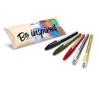 Pentel Arts - Pack de 5 rotuladores de punta redonda (negro/rojo/verde oliva, 2 rollers tinta de gel metálico, color dorado y plateado