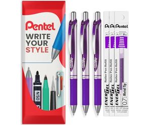 Pentel EnerGel XM BL77 - Bolígrafo retráctil de tinta de gel líquido, 0,7 mm, 54% reciclado, estuche de cartón de 3 bolígrafos + 3 recambios (violeta)