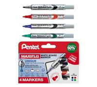Pentel Maxiflo - Juego de rotuladores para pizarra blanca (4 unidades, tinta negra, azul, roja y verde)