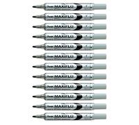 Pentel Maxiflo - Lote de 12 rotuladores para pizarra blanca (punta mediana, tinta líquida), color negro, paquete de 12 unidades