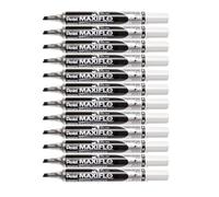Pentel Maxiflo - Marcador para pizarra, borrable en seco, punta estrecha inclinada, 12 unidades, color negro
